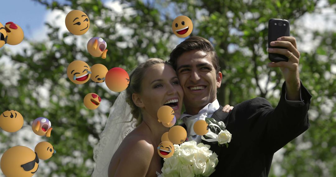 Just Married Couple Smiling and Taking Selfie with Animated Emojis - Free Images, Stock Photos and Pictures on Pikwizard.com