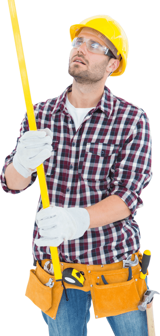 Repairman Holding Level with Tool Belt on Transparent Background