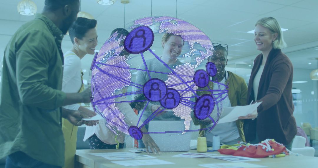 Diverse Team Collaborating with Digital Globe Interface