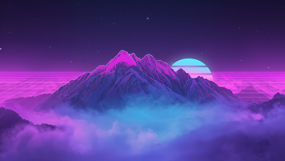 Neon Synthwave Mountain Rising Above Magenta Fog with Cyan Sun and Retro Grid Horizon