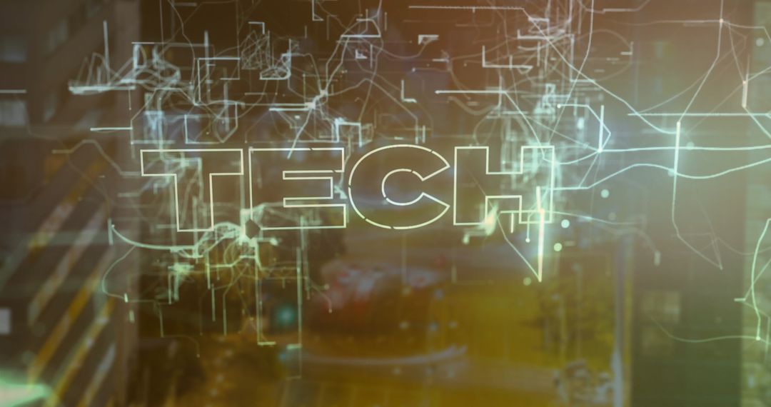 Futuristic Tech Text with Digital Connections Over Cityscape