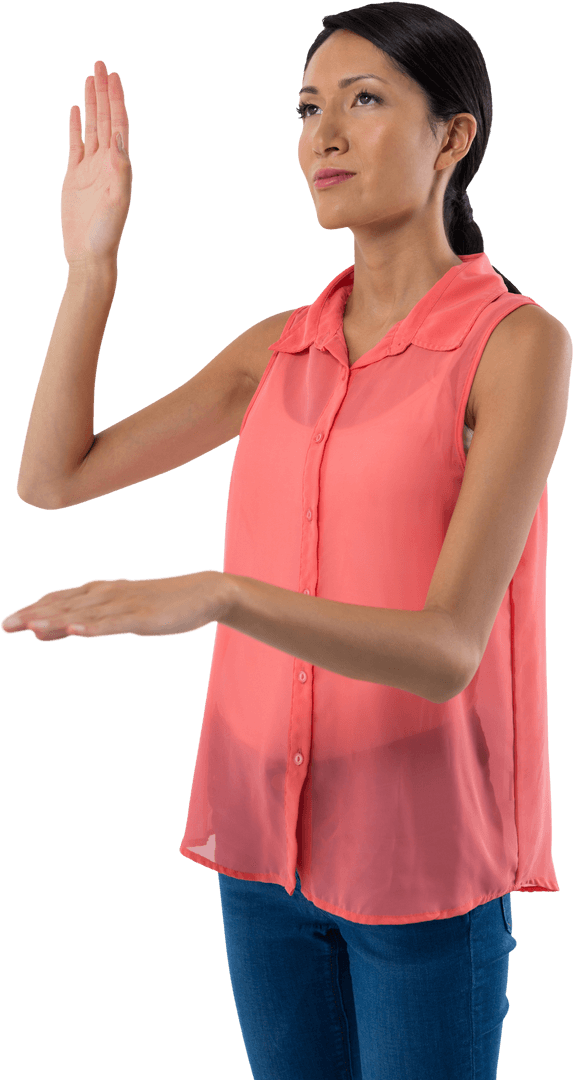 Focused Asian Woman Gesturing with Raised Hands on Transparent Background