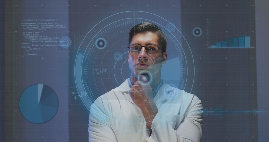 Caucasian Man Analyzing High-Tech Digital Interface World