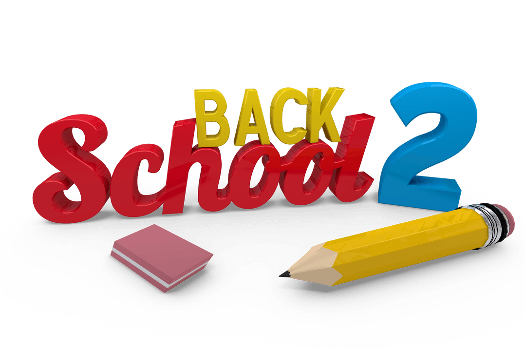 Colorful Back 2 School Text with School Tools on Transparent Background