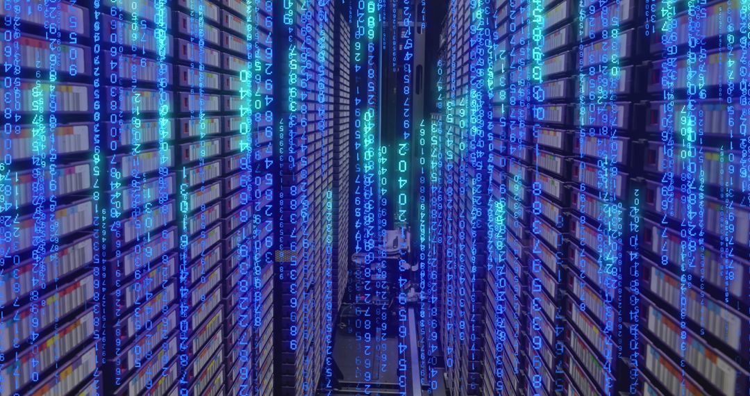 Digital Binary Code Overlays on High-Tech Server Room