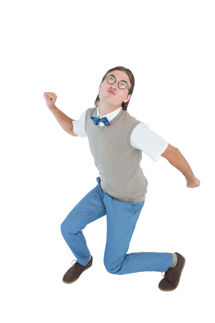 Transparent geeky hipster dancing with enthusiasm