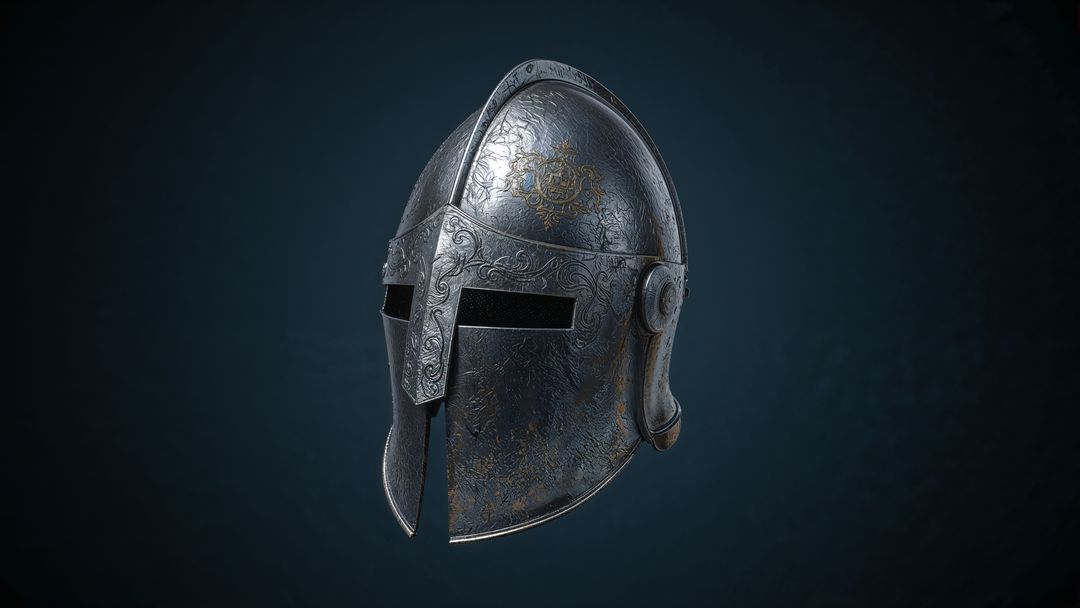 Ornate Medieval Steel Helmet with Engraved Patterns
