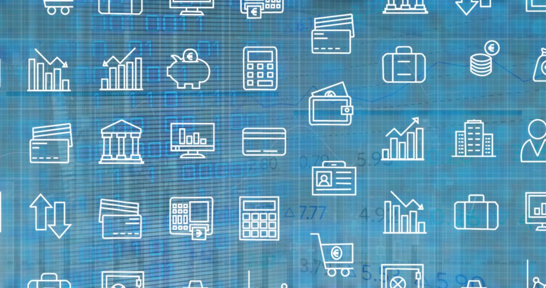 Digital Icons Overlay on Abstract Business Data Background
