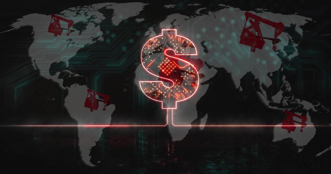 Glowing Dollar Sign with Pump Jacks on World Map