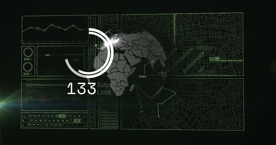 Futuristic Digital Interface with Global Map and Data Trends