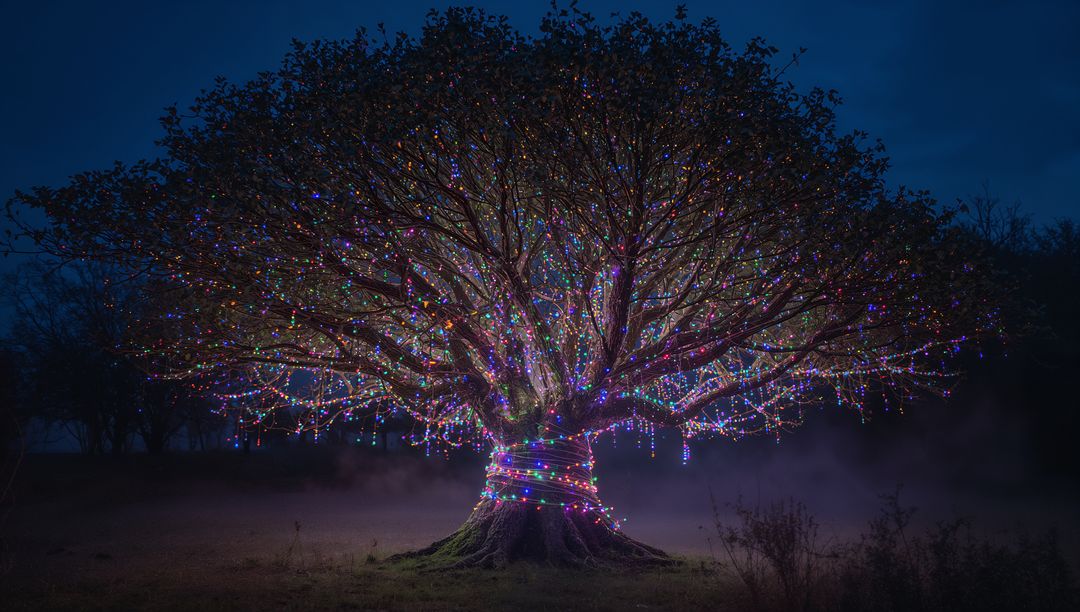 Enchanted Tree Illuminated with Multicolored Lights at Dusk