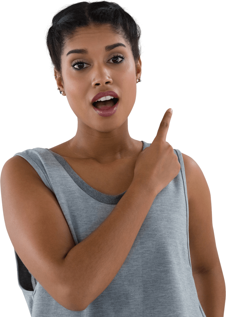 Portrait of Enthusiastic Young Woman Pointing on Transparent Background