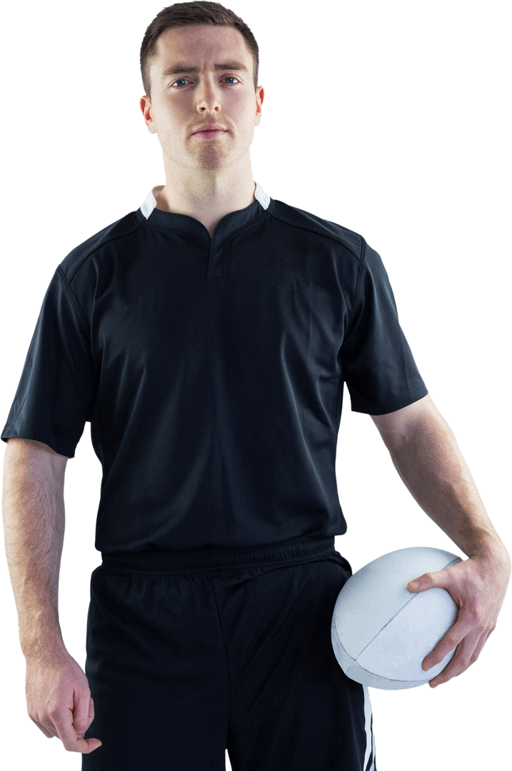 Transparent Portrait of Rugby Player Holding Ball in Black Jersey