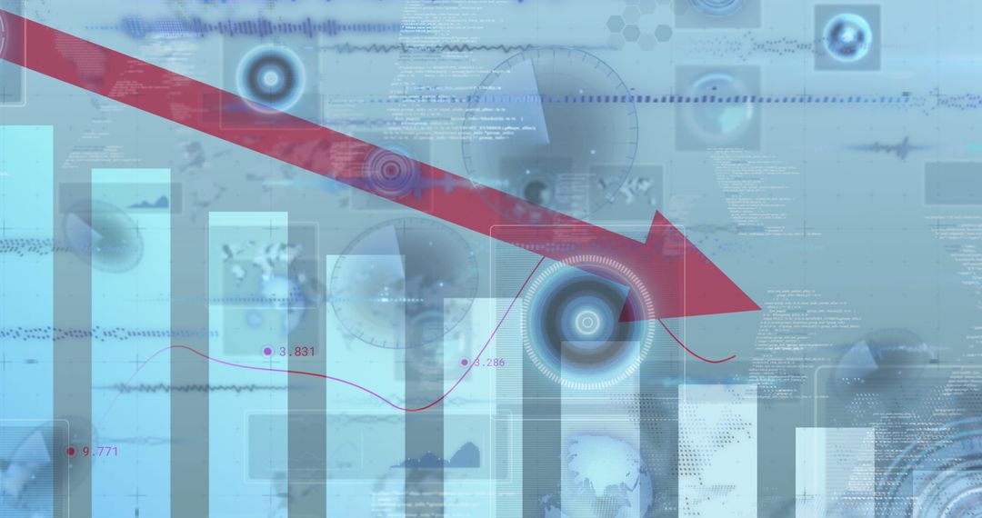 Digital Arrow Indicating Market Decline with Data Visualizations