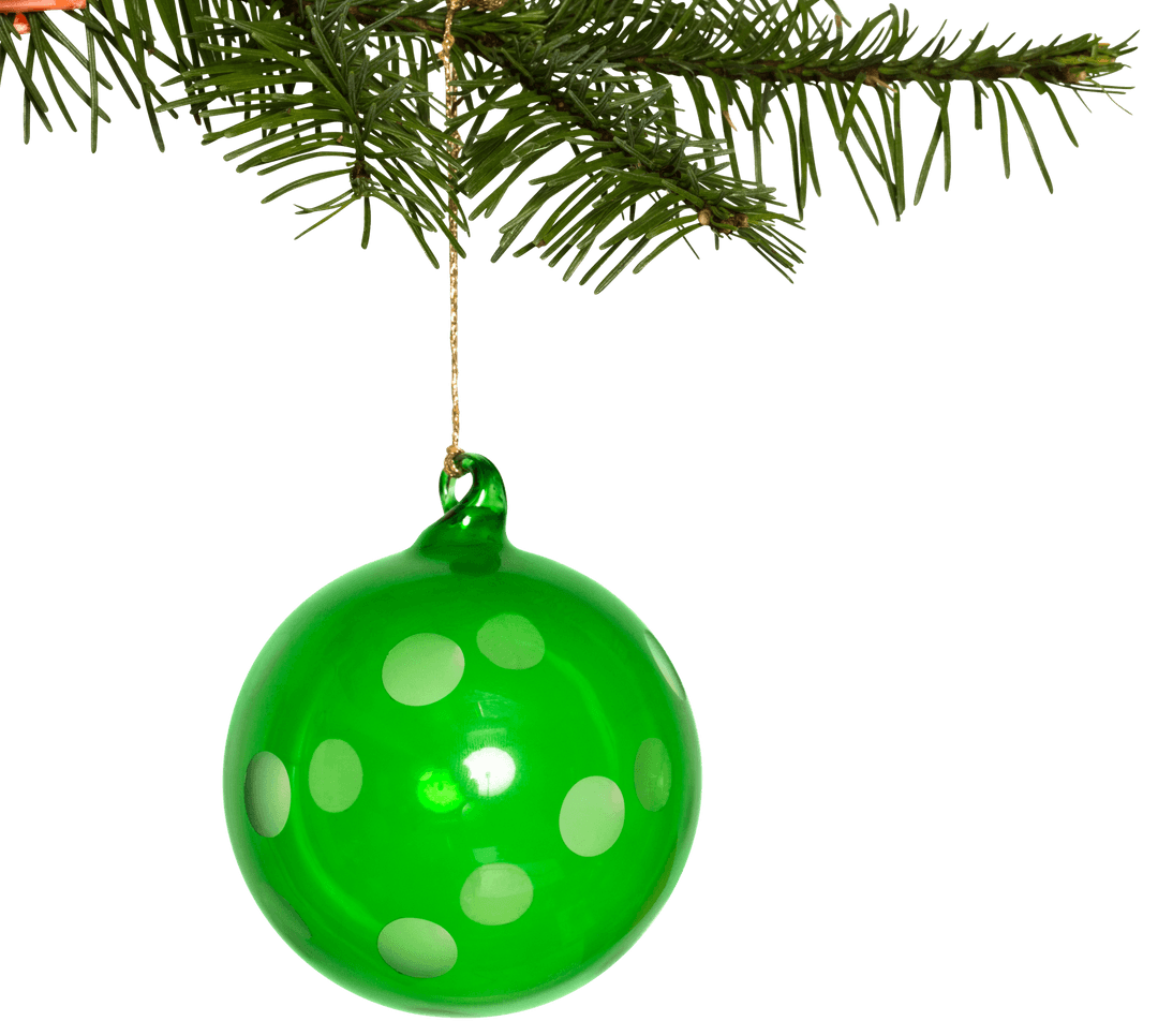 Transparent Green Christmas Ornament Hanging from Pine Branch