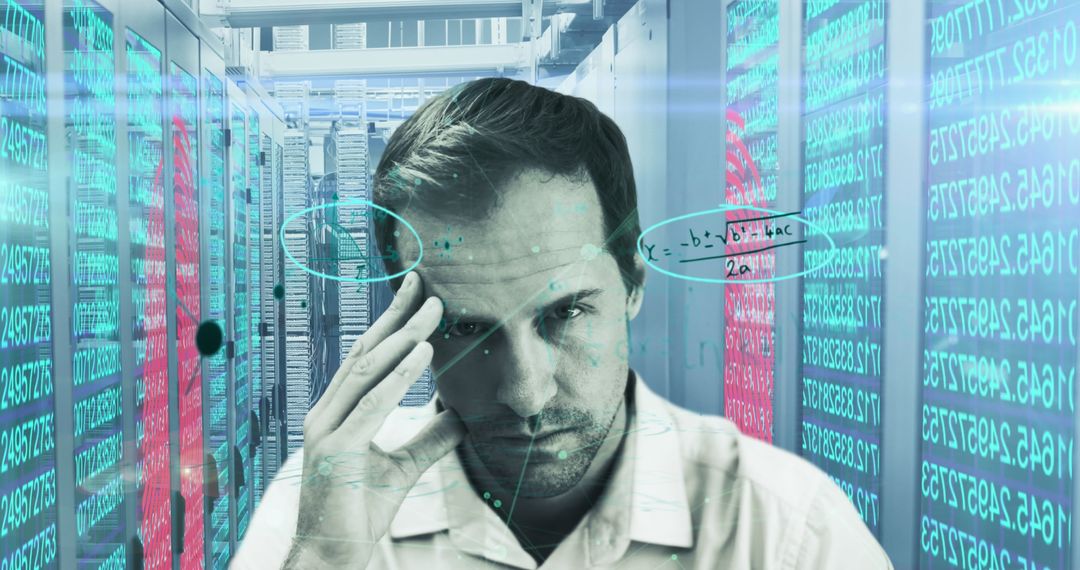 Man Analyzing Data in High-Tech Server Room with Digital Overlay