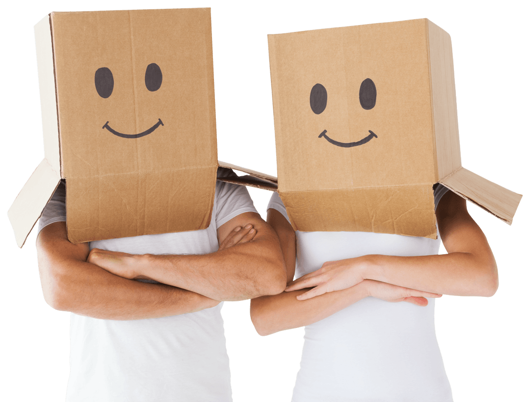 Couple in Transparent cardboard boxes Wearing Smiley Faces