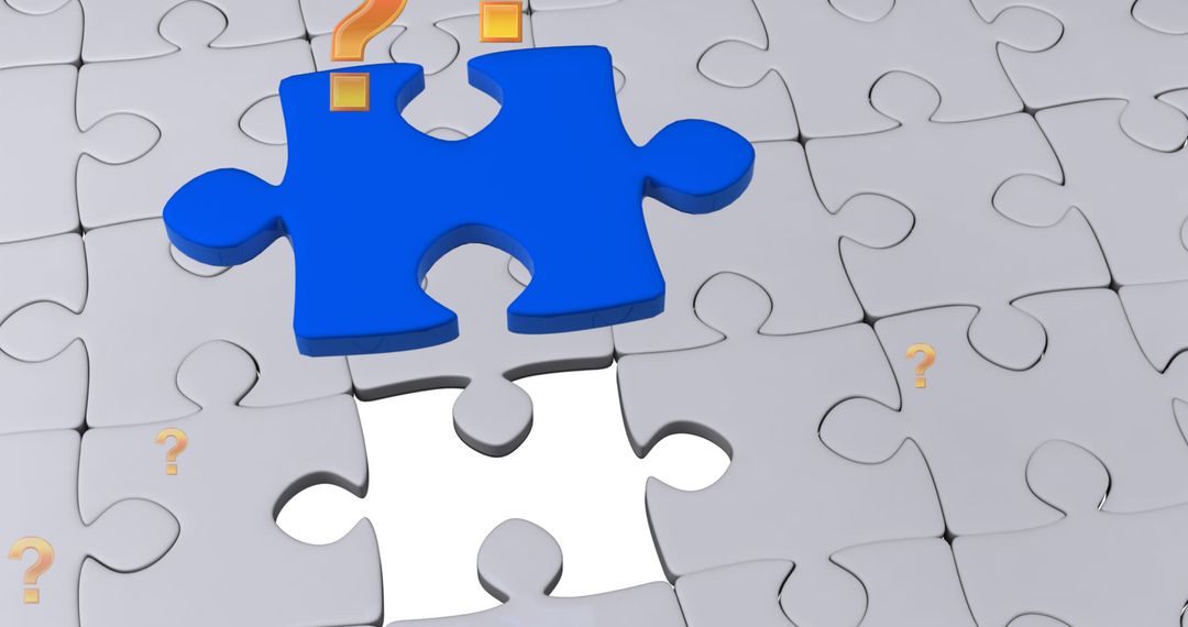 Blue Puzzle Piece with Question Marks on Gray Background