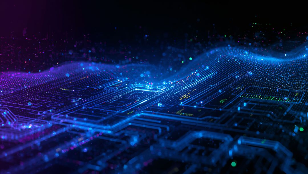 Futuristic Circuit Board with Neon Waves in Digital Space