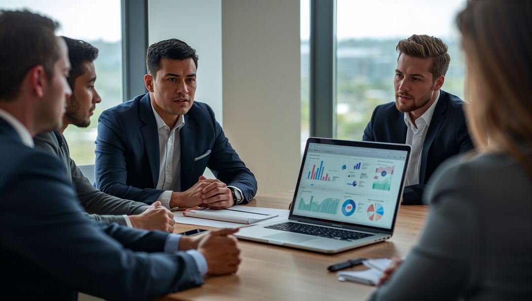 Business Team Analyzing Data and Graphs in Modern Meeting Room