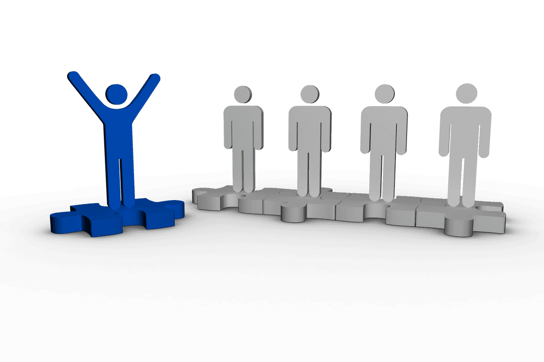 Blue 3D Leader Standing Out Among Group on Puzzle Pieces Transparent