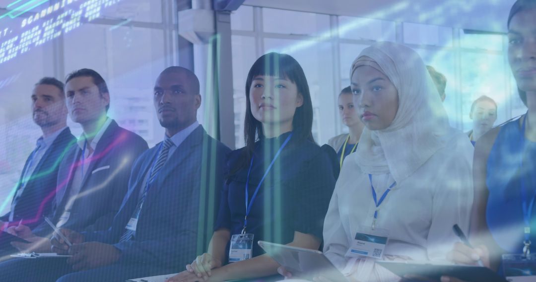 Diverse Businesspeople in Conference with Data Graphic Overlay