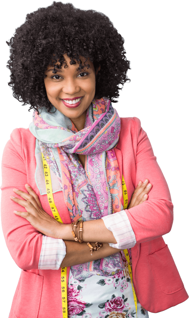 Confident Female Fashion Designer with Measuring Tape and Patterned Scarf on Transparent Background