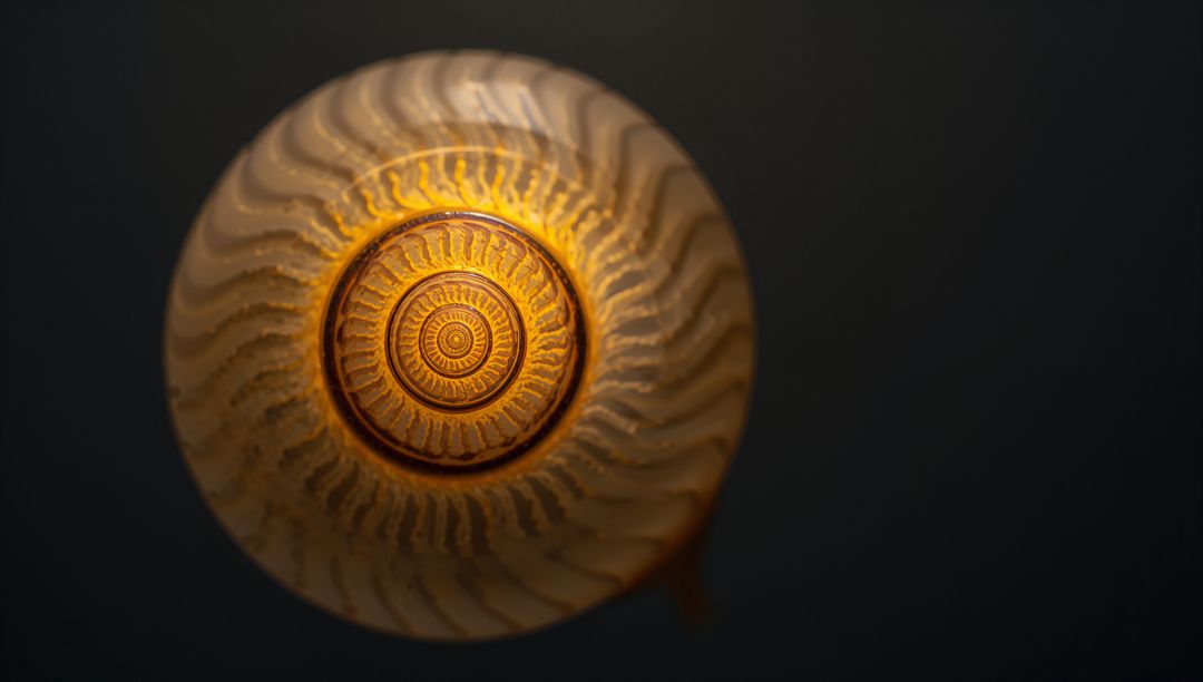 Golden Spiral Seashell Close-Up Showing Concentric Coils and Intricate Ridged Texture