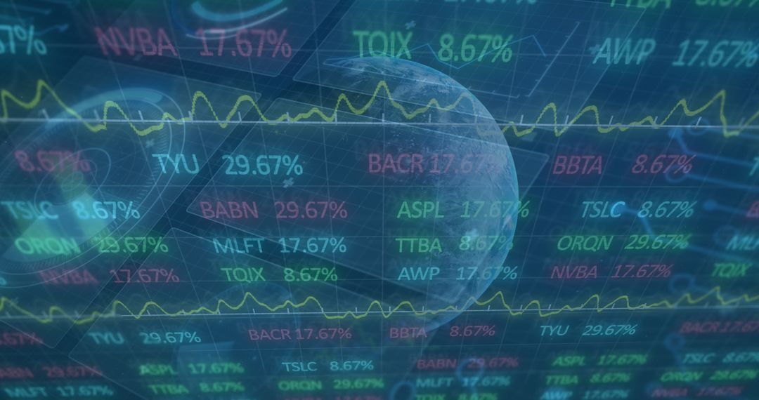 Global Data Processing with Digital Interface Elements Over Blue Background