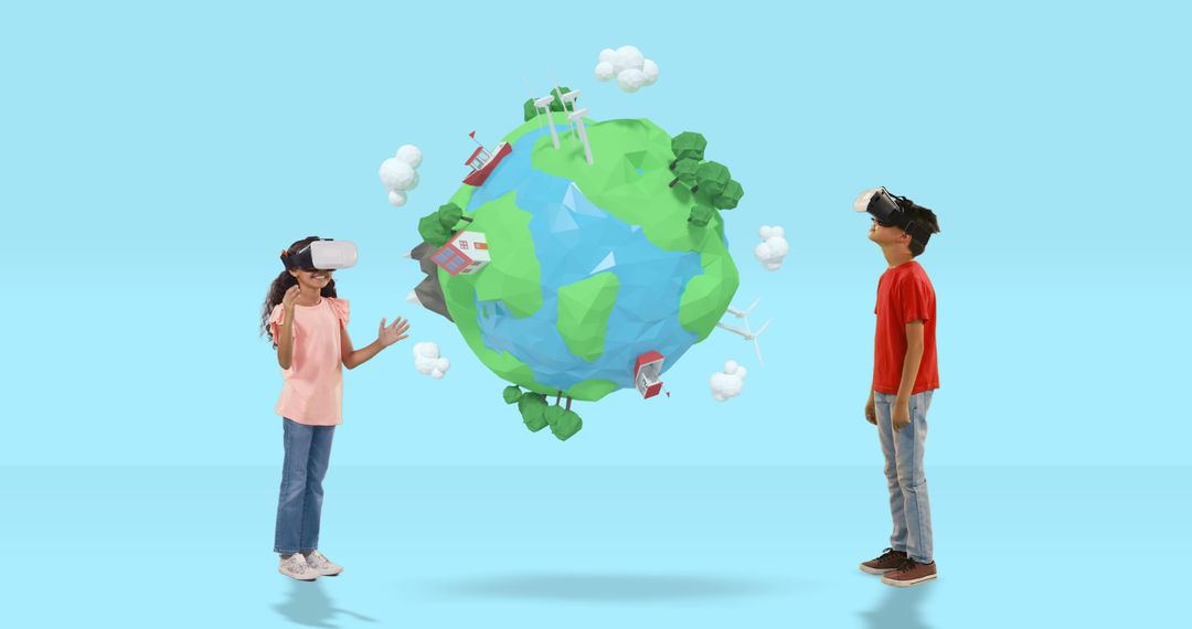 Children Engaging with 3D Virtual Reality Globe in Bright Setting