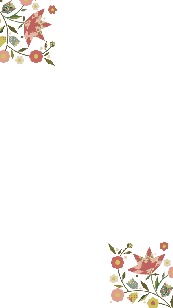 Geometric Flowers and Grassy Leaves on Transparent Border Design