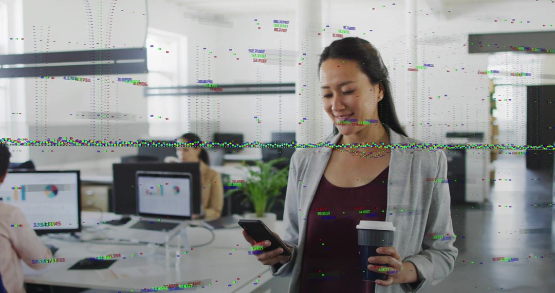 Professional Woman Using Smartphone in Modern Office with Digital Glitch Effects