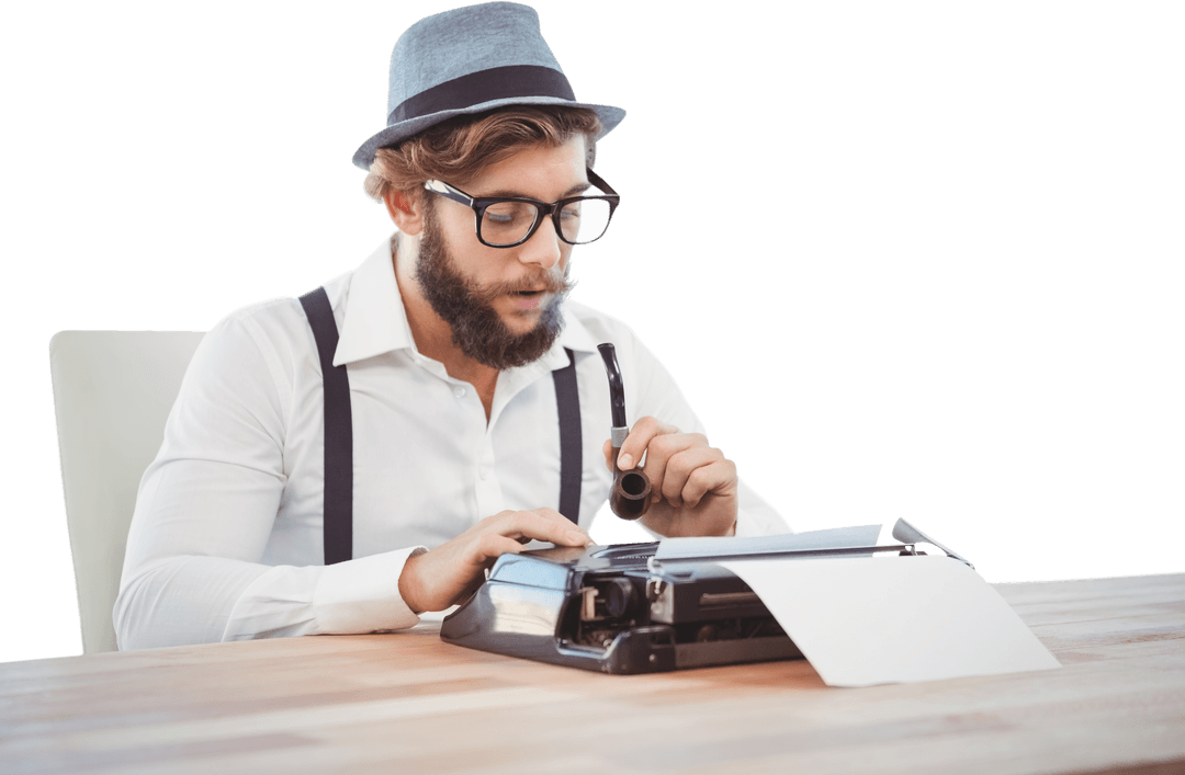 Hipster Utilizing Typewriter with Smoking Pipe Wearing Hat