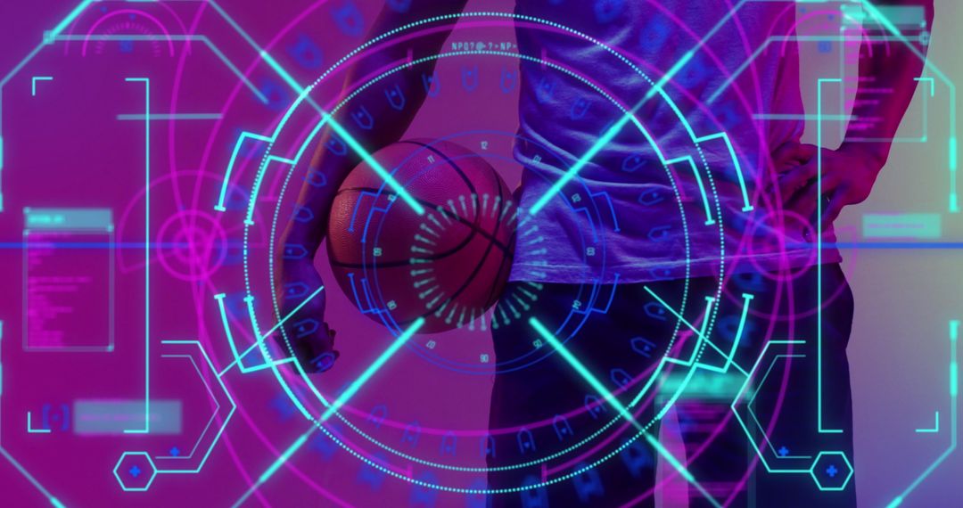 Futuristic Basketball Overlay with Data Processing Graphics