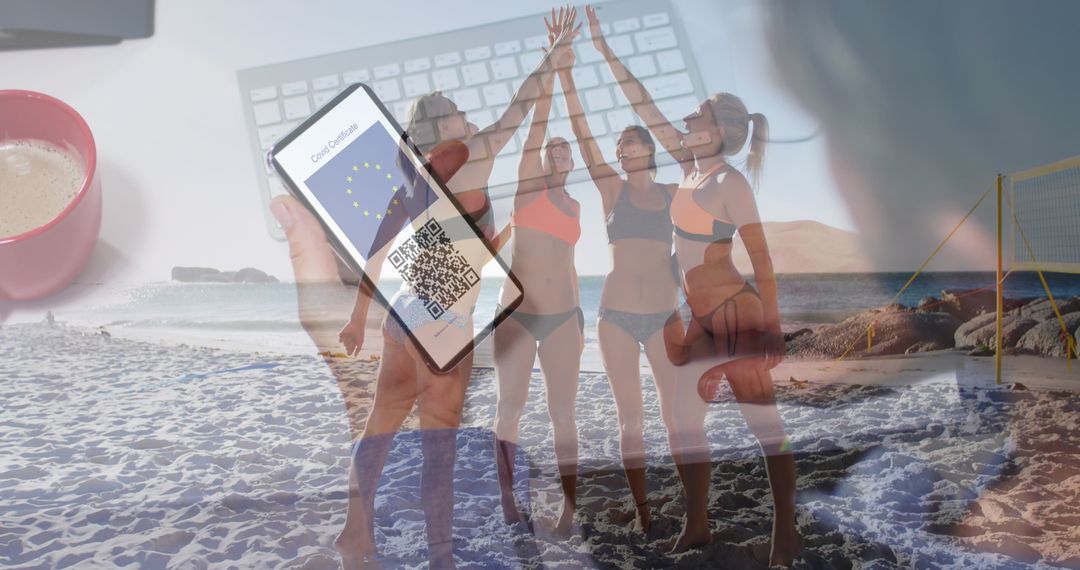 Diverse Friends Celebrating on Beach with Smartphone QR Code Integration