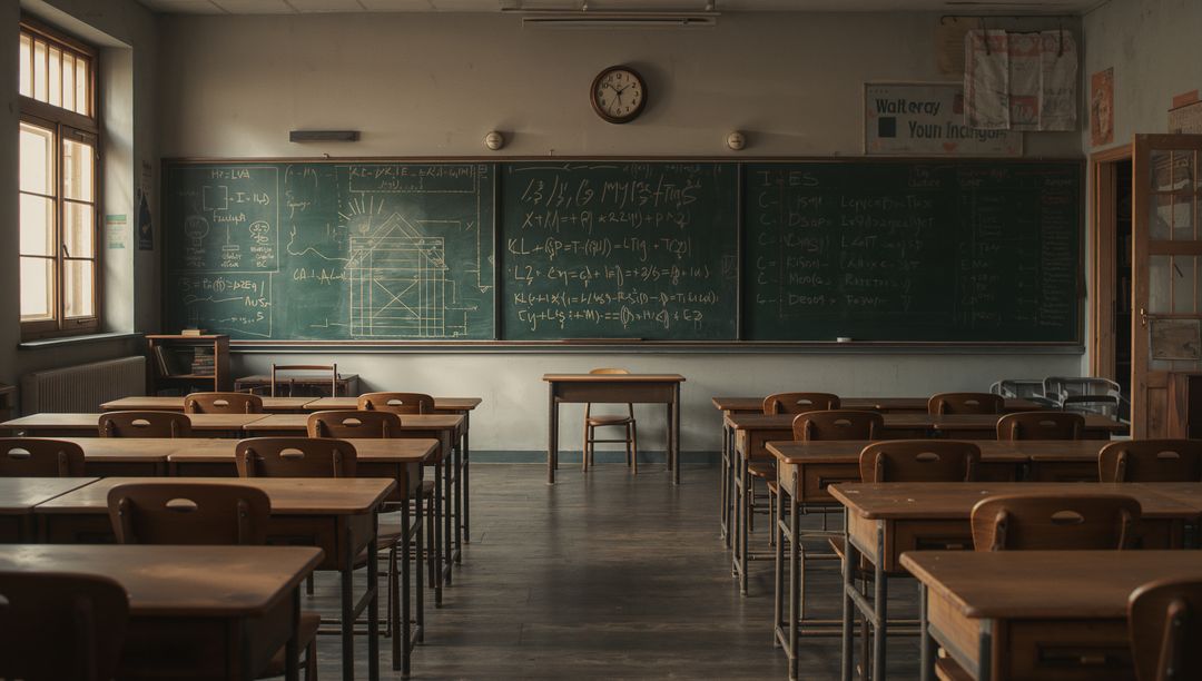 Retro Classroom with Wooden Desks and Chalkboard Insight on Education