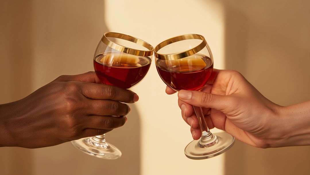 Clinking Gold-Rimmed Wine Glasses Between Diverse Hands for Intimate Toast