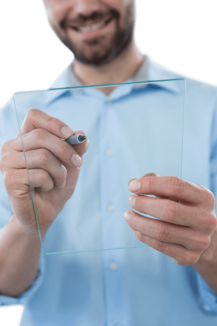 Man Holding Transparent Digital Tablet in Technology Display