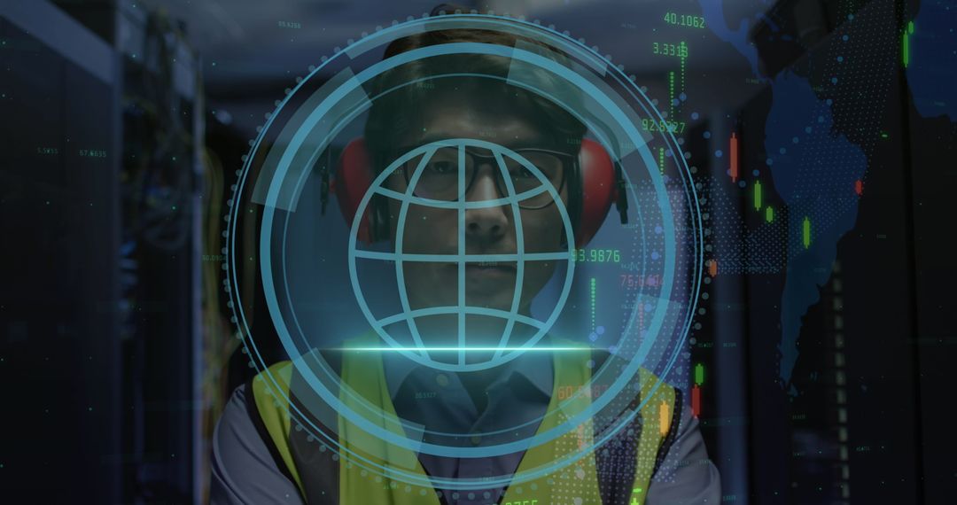 Asian Male Worker in Server Room with Digital Global Interface