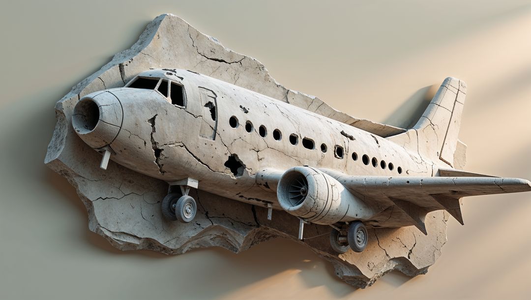 Abstract plane crash sculpture emerges from cracked wall