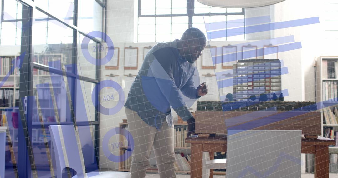 Architect Analyzing Building Model with Data Overlay