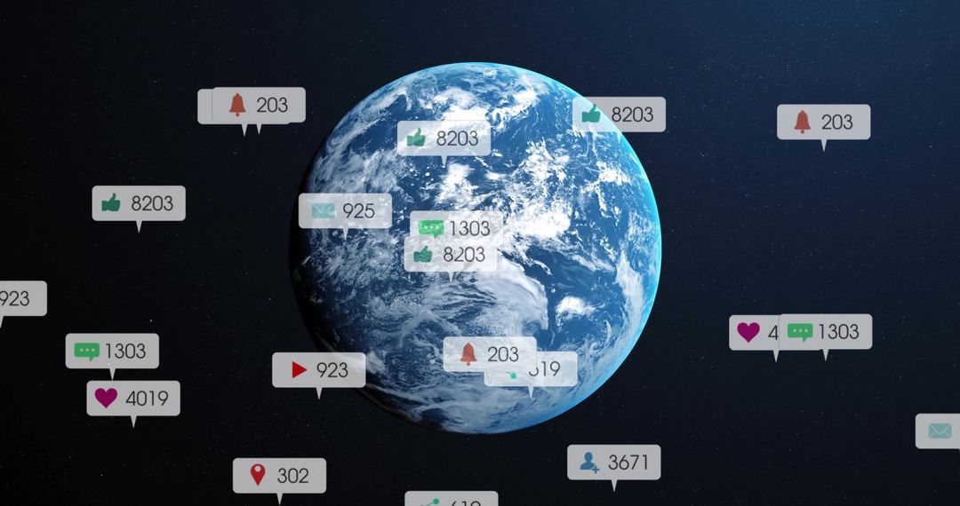 Planet Earth Surrounded by Social Media Notification Icons in Space