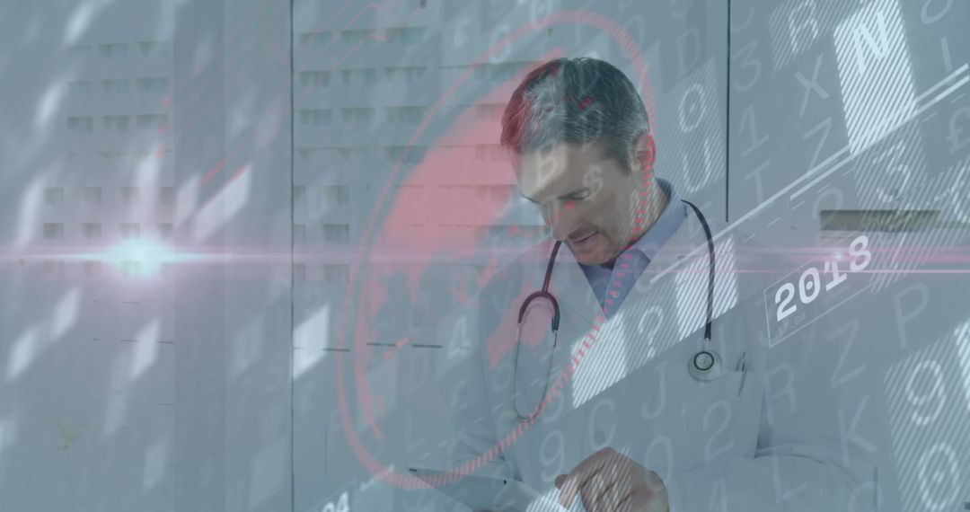 Doctor Utilizing Tablet Technology in hospital corridor with Conceptual Overlay