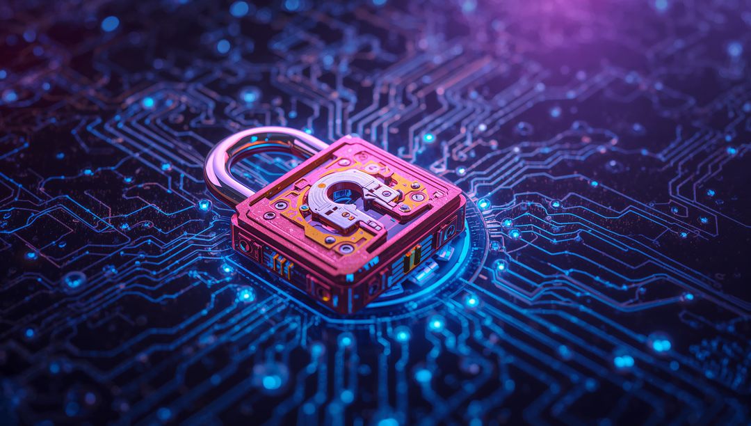 Padlock on Neon Circuit Board Symbolizing Cybersecurity and Digital Protection