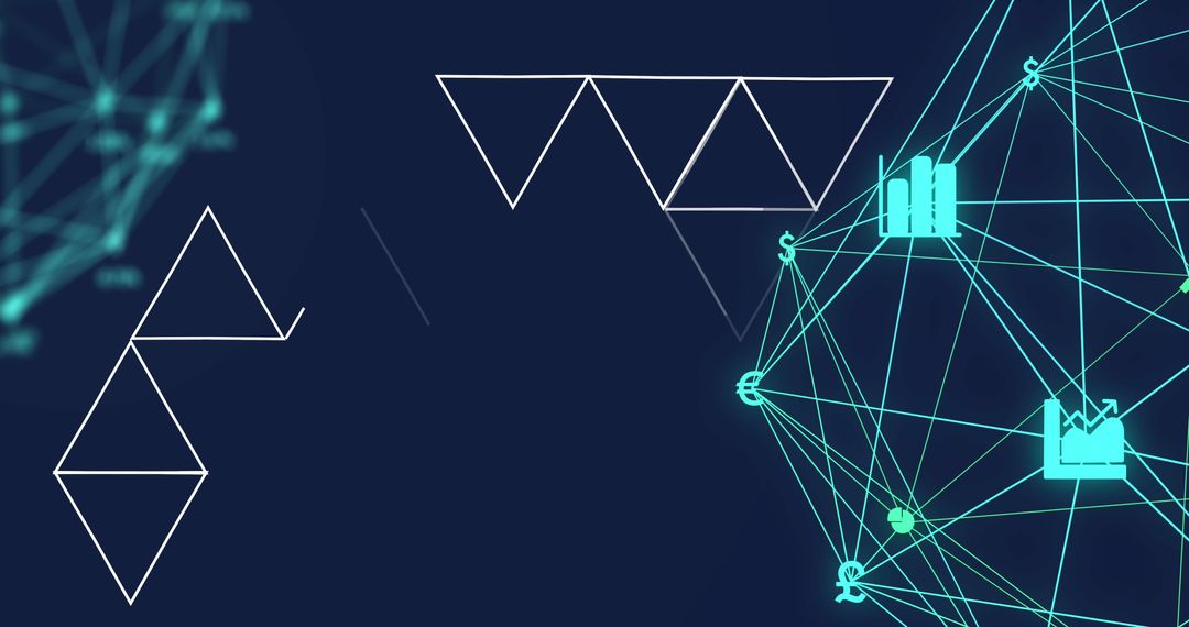 Abstract Geometric Shapes with Digital Networking Icons on Blue Background