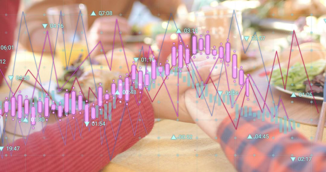 Holding hands at dinner table with candlestick chart overlay blending romance and finance