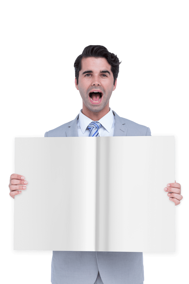 Caucasian Businessman Present Creativity with Blank Sheet on Transparent