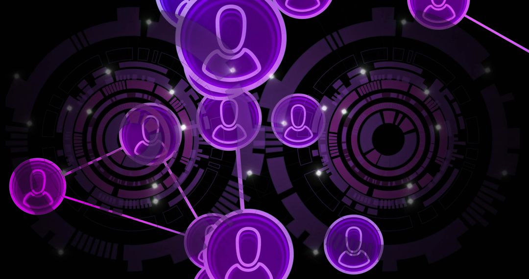 Translucent Purple Avatar Network Linking Over Futuristic HUD Interface with Neon Glow