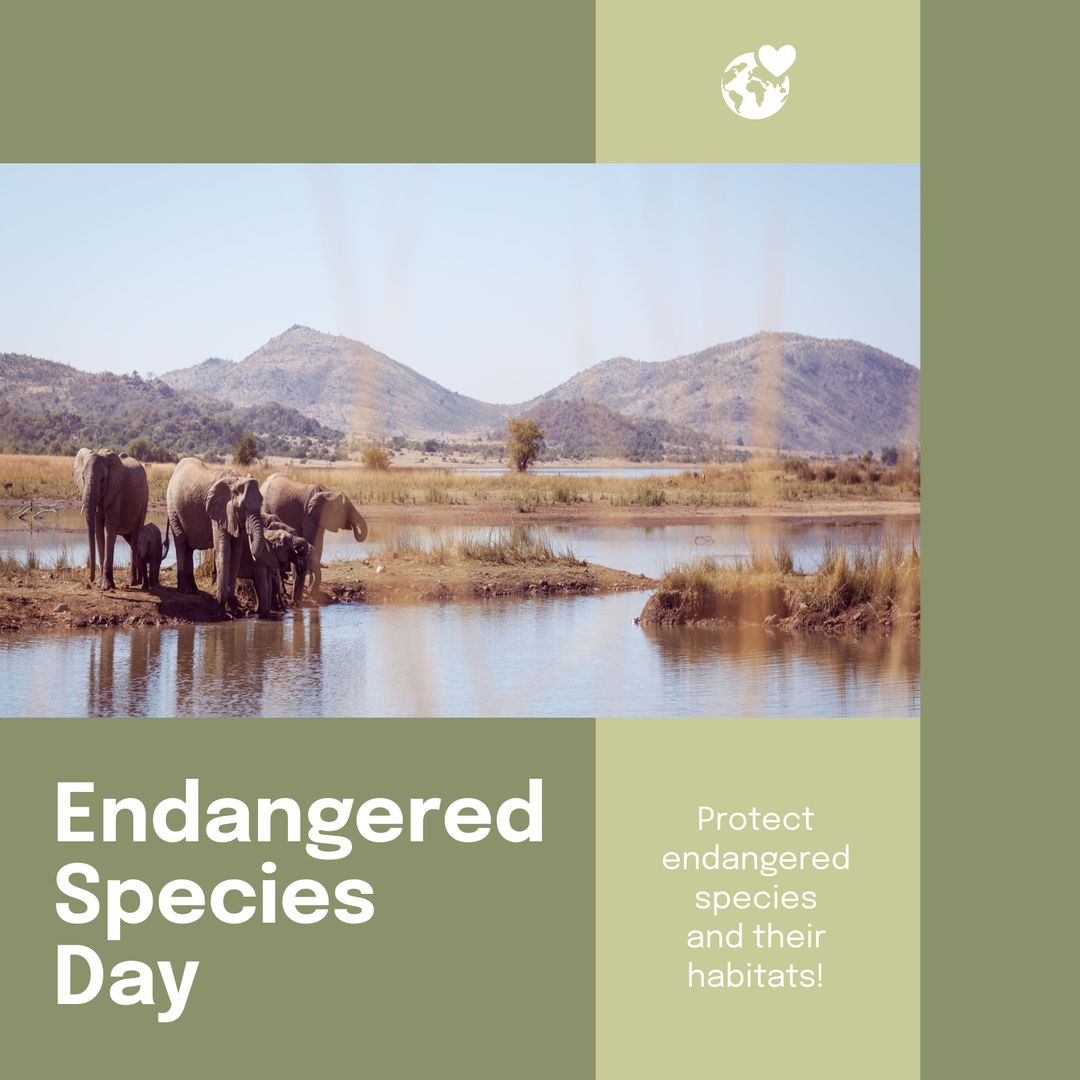 Elephants by Waterhole on Endangered Species Day Awareness Poster - Download Free Stock Images Pikwizard.com
