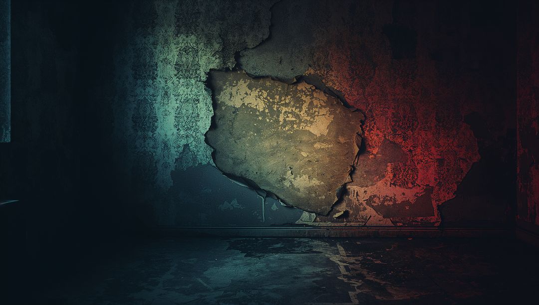 Moody Abandoned Room with Peeling Plaster and Dramatic Lighting